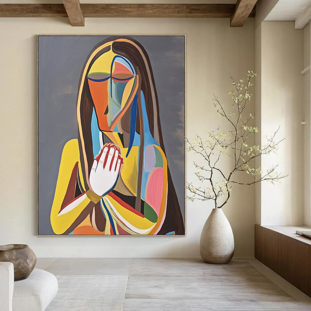 Contemporary abstract painting featuring a woman on a throne holding her chest in pain against a gray background with vibrant colors and bold lines. DLZ1381