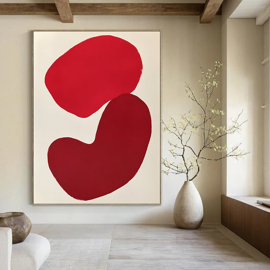 Large contemporary hand-painted abstract art featuring bold red shapes on white paper inspired by Matisse and Arp with minimalist organic forms and flat colors. DLZ0788
