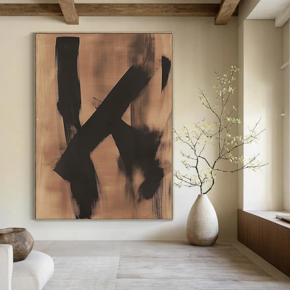 Contemporary hand-painted abstract artwork featuring two black shapes on a dreamy bronze background evoking a sense of melancholy. DLZ1423