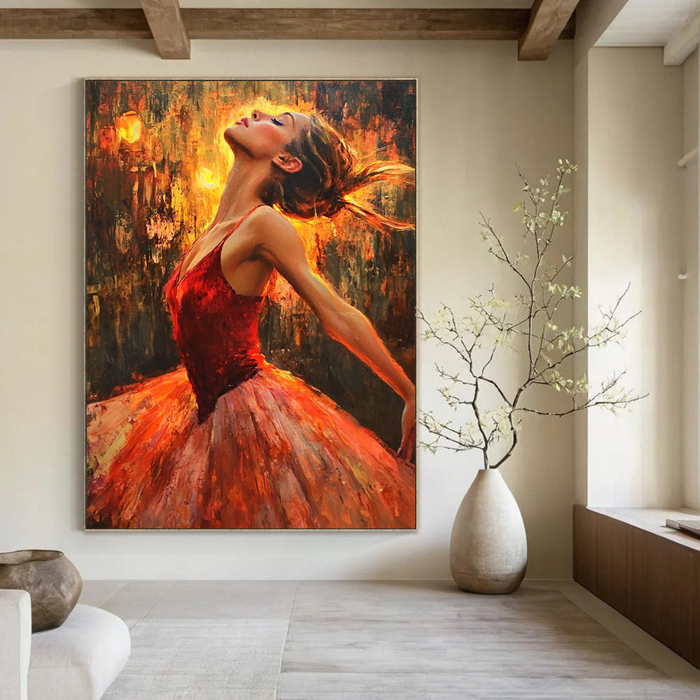 Contemporary hand-painted artwork capturing a ballerina in red dancing gracefully amidst firelight, with a focus on her expressive face. DLZ1091