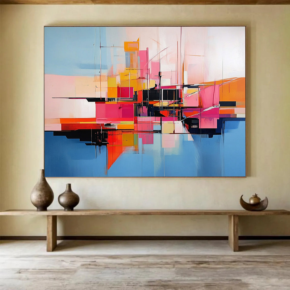 “Abstract Colorful City Geometry” - Colorful, Geometric Urban Shapes, Reflection Painting On Canvas HB0850
