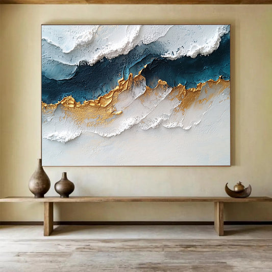 “Elegant Gold - Blue Textures” - White, Blue, Gold, Textured Abstract Painting On Canvas HB0731