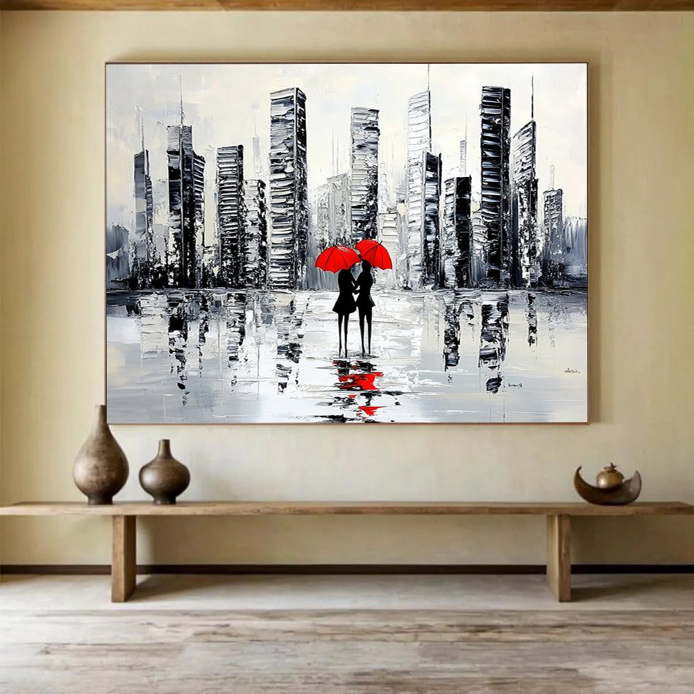 “City Lovers with Red Umbrellas” - Black, White, Red, Urban Couple Scene Painting On Canvas HB0849