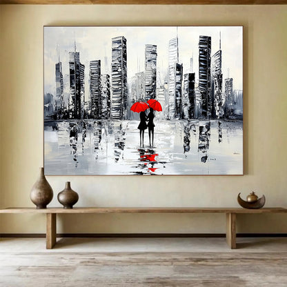 “City Lovers with Red Umbrellas” - Black, White, Red, Urban Couple Scene Painting On Canvas HB0849