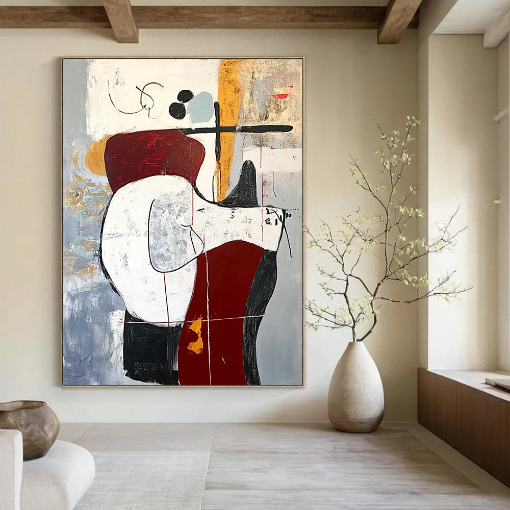 Contemporary abstract artwork featuring an animal on a chair in red and white tones with black lines on a gray background in oil on canvas. DLZ1012