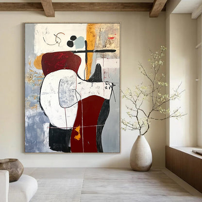 Contemporary abstract artwork featuring an animal on a chair in red and white tones with black lines on a gray background in oil on canvas. DLZ1012