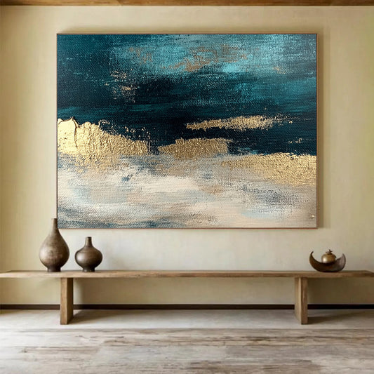 “Teal - Gold Abstract Horizon” - Teal, Gold, White with Textured Layers - Painting On Canvas HB1404
