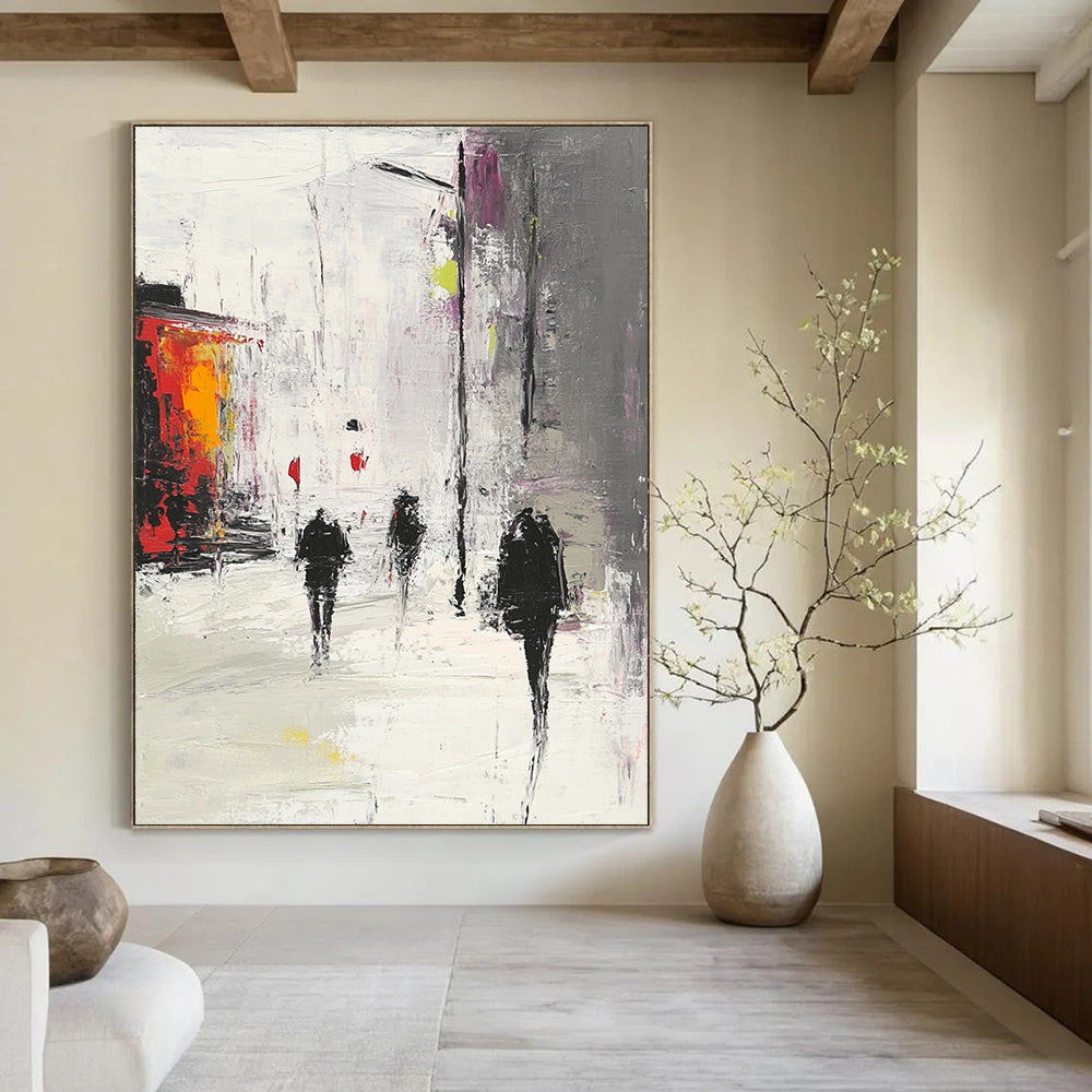 Contemporary hand-painted abstract artwork depicting an urban scene in gray and white with red accents featuring people walking in the rain. DLZ0968