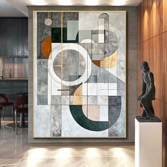 Gray, Yellow, White, Black and Beige Geometric Abstraction "Sunny Geometry" Painting On Canvas HB387