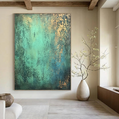 Contemporary hand-painted abstract art features textured patina-green with hints of blue and gold on a dark gray background for a rustic yet elegant ambiance. DLZ1165