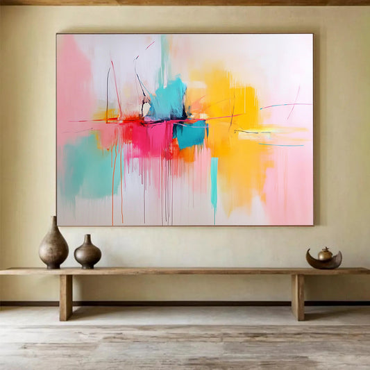 “Color Burst Center” - Pink, Yellow, Blue, Orange, Abstract Expressionist Painting On Canvas HB1062