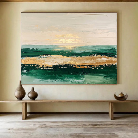 “Golden Sunset Seaview” - Green, Gold, Beige, Abstract Coastal Sunset Painting On Canvas HB1086