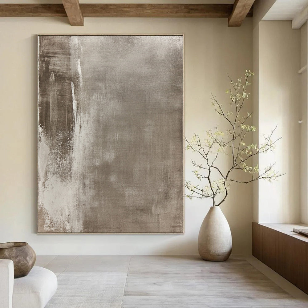 Contemporary hand-painted abstract art featuring aged canvas with muted tones and urban-inspired motifs, showcasing texture and unique character. DLZ1169