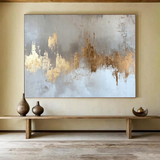 “Gold Accents on Gray White” - Gold, Gray, White, Textured Forms - Painting On Canvas HB1418