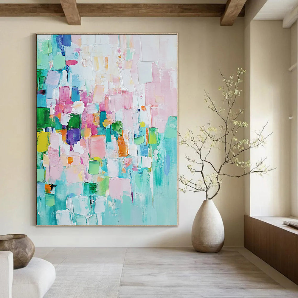 Contemporary hand-painted abstract art featuring pastel colors and textured oil paint showcasing harmonious shapes and contrasting geometric blocks for depth and interest. DLZ0762