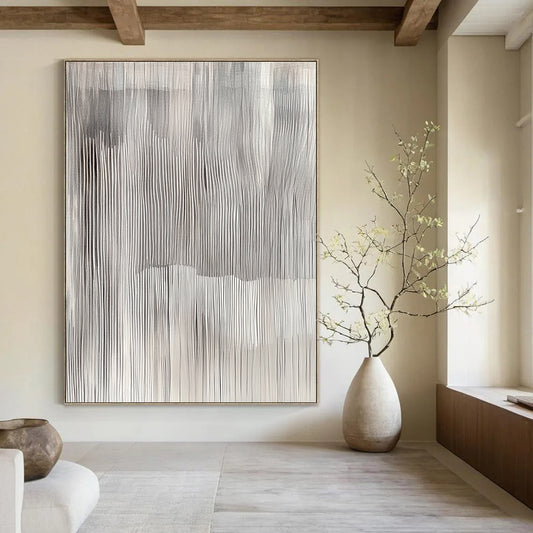 Contemporary hand-painted abstract art featuring undulating grey and white vertical stripes, evoking tranquility and capturing nature's beauty through textured geometric patterns. DLZ0862