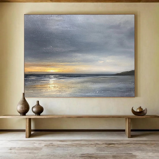 “Moody Seaside Sunset” - Grays, Oranges, Silvers, Coastal Sunset - Minimalist Oil Painting HB1689