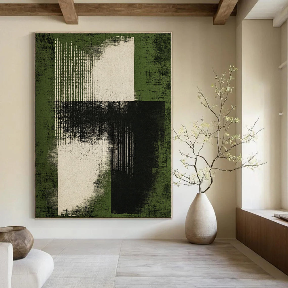 Contemporary abstract art features a minimal black ink brush stroke on a green background evoking mystery and visual harmony with bold gray tones. DLZ1360