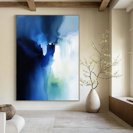Contemporary abstract watercolor artwork featuring an ethereal ice wall in blue and white with translucent layers and sky-blue shadows. DLZ1081