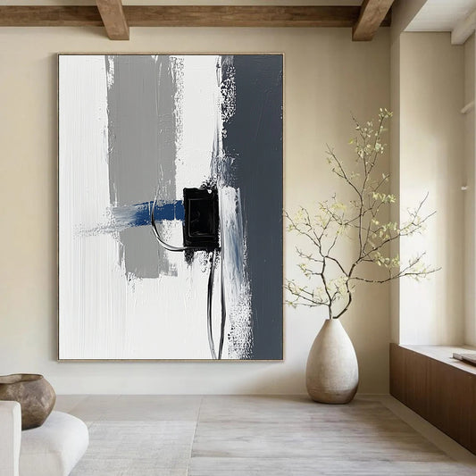 Contemporary abstract painting featuring impasto technique with thick gray and white strokes accented by blue details against a minimalist black power strip backdrop. DLZ1348
