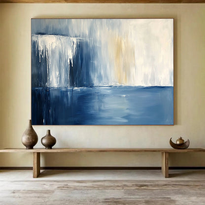 “Blue and White Abstract Waterfall” - Blue, White, Abstract Waterfall Scene Painting On Canvas HB1006