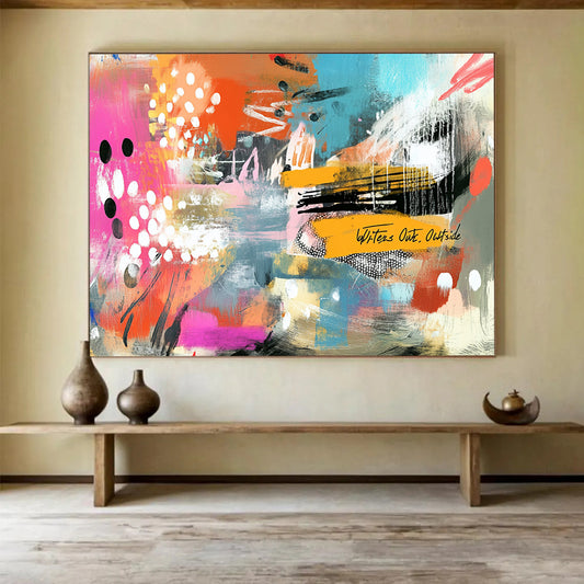 “Vibrant Abstract Collage” - Bold mix of pink, orange, blue with playful patterns, Contemporary Mixed - Media Painting On Canvas HB0539