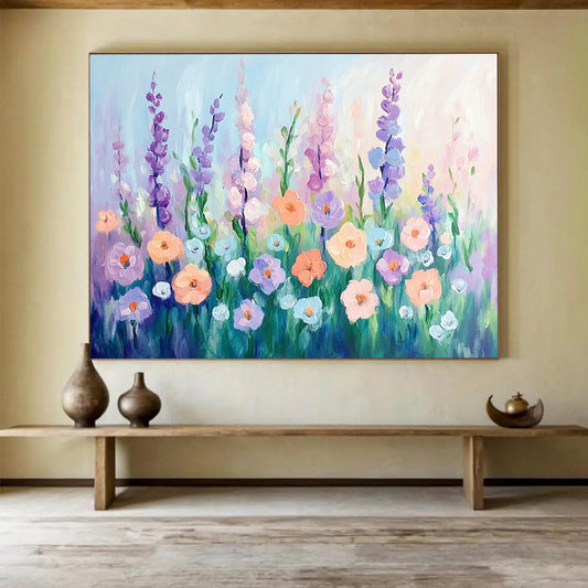 “Pastel Flower Meadow” - Soft lavender, peach, blue flowers, Impressionist Floral Painting On Canvas HB0580