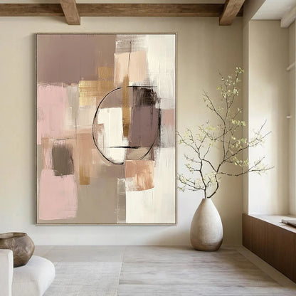 Contemporary hand-painted abstract artwork featuring beige and pink tones with geometric elements and gold accents in soft textures. DLZ0874