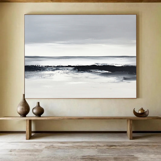 “Monochrome Sea Horizon” - Blacks, Whites, Grays, Sea Landscape - Minimalist Oil Painting HB1588
