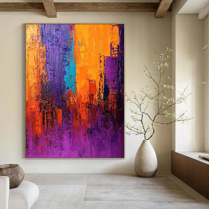Contemporary abstract painting in vivid purple orange and blue with thick brush strokes dramatic lighting and rich texture create an atmospheric cityscape. DLZ0371