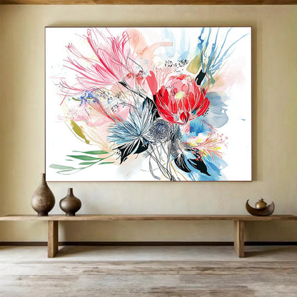 Watercolor Floral Burst - Delicate Mixed - Media Painting On Canvas HB0474