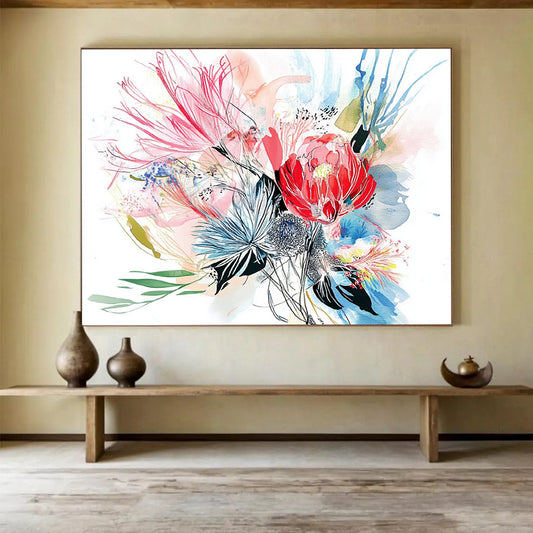 Watercolor Floral Burst - Delicate Mixed - Media Painting On Canvas HB0474