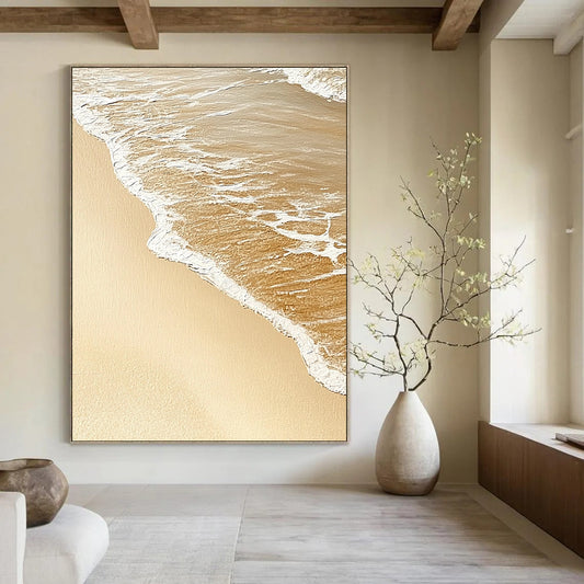 Contemporary abstract artwork capturing the serene meeting of sand and water, evoking tranquility with soothing beige and white tones. DLZ1211