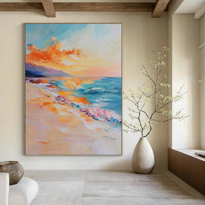 Contemporary abstract oil painting of the sea featuring golden sunset light vibrant orange and blue tones and detailed brushstrokes conveying tranquility and calmness DLZ1120
