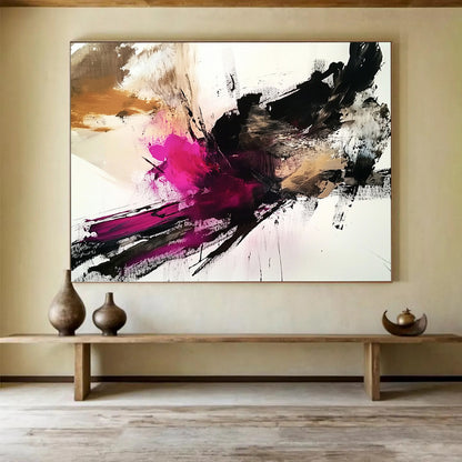 “Bold Pink Black Abstract” - Pink, Black, Beige with Dramatic Strokes - Painting On Canvas HB1372