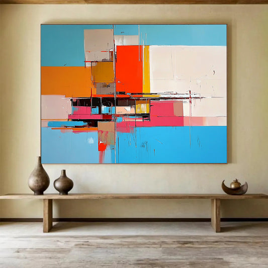 “Geometric Color Blocks” - Blue, Orange, Pink, Abstract Cubist - inspired Painting On Canvas HB1101