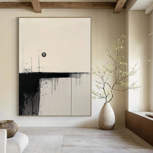 Contemporary hand-painted abstract art featuring minimalist black brushstrokes on a textured white canvas with a contrasting circle for balance. DLZ0766