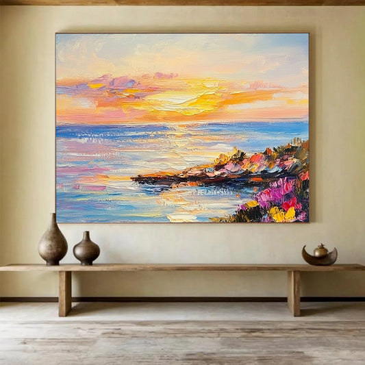 Colorful Coastal Sunset with Wildflowers - Impressionistic Seaside Painting On Canvas HB0442