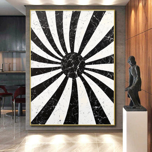 Black, White, Radial Stripes "Marbled Sunburst Radials" Abstract Geometric Painting On Canvas HB178