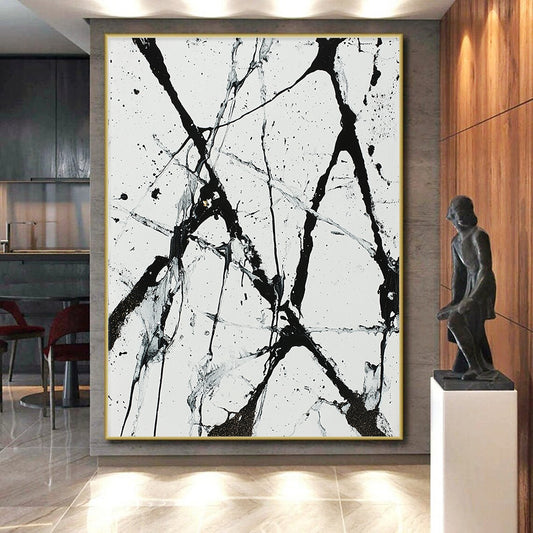 Black, White, Gray, Web - like Lines "Chaotic Web" Abstract Expressionist Painting On Canvas HB046