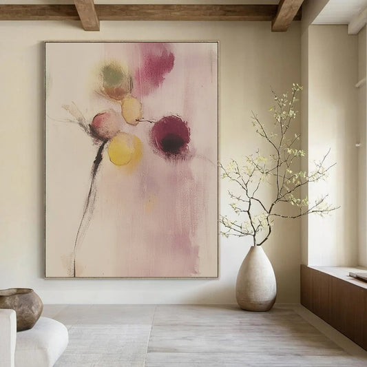 Contemporary abstract painting featuring delicate flowers and fruits in soft colors on a pale pink background reminiscent of Zao Wou-Ki and Jean Cocteau. DLZ0815