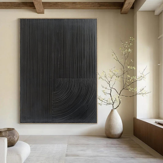 Contemporary abstract painting features half black with fine grooves and half gray abstract shape for a striking visual contrast. DLZ1553