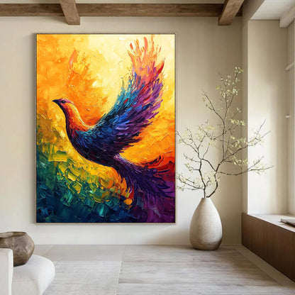 Contemporary abstract art featuring a vibrant phoenix with radiant colors and dynamic brush strokes, creating a captivating display of movement and energy. DLZ1500