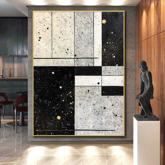 Black, White, Gray, Gold with Grid Splatter "Industrial Chic" Abstract Painting On Canvas HB015