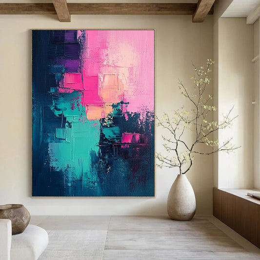 Contemporary large hand-painted abstract artwork featuring a vibrant color palette of pink teal and magenta for a striking visual impact. DLZ0703