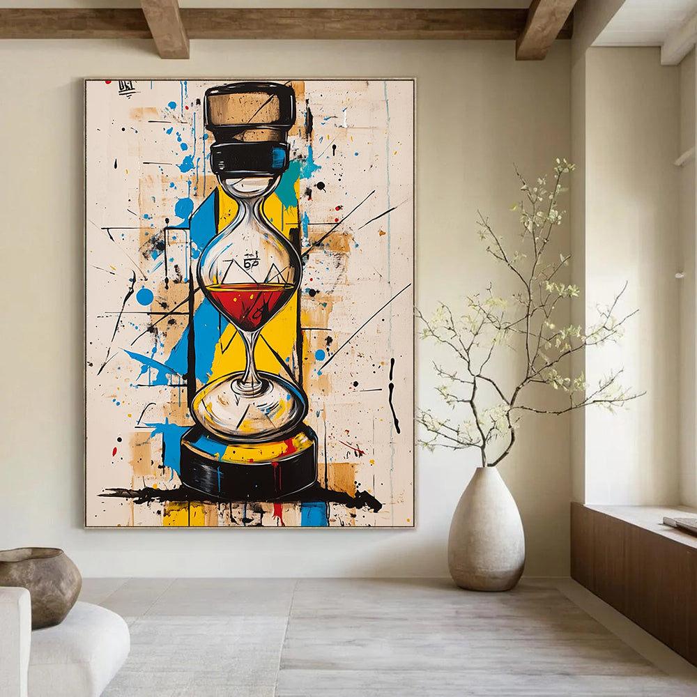 Contemporary abstract art with vibrant colors geometric shapes features an hourglass and a whisky bottle harmoniously integrated in the striking composition. DLZ1090