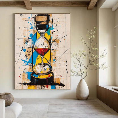 Contemporary abstract art with vibrant colors geometric shapes features an hourglass and a whisky bottle harmoniously integrated in the striking composition. DLZ1090