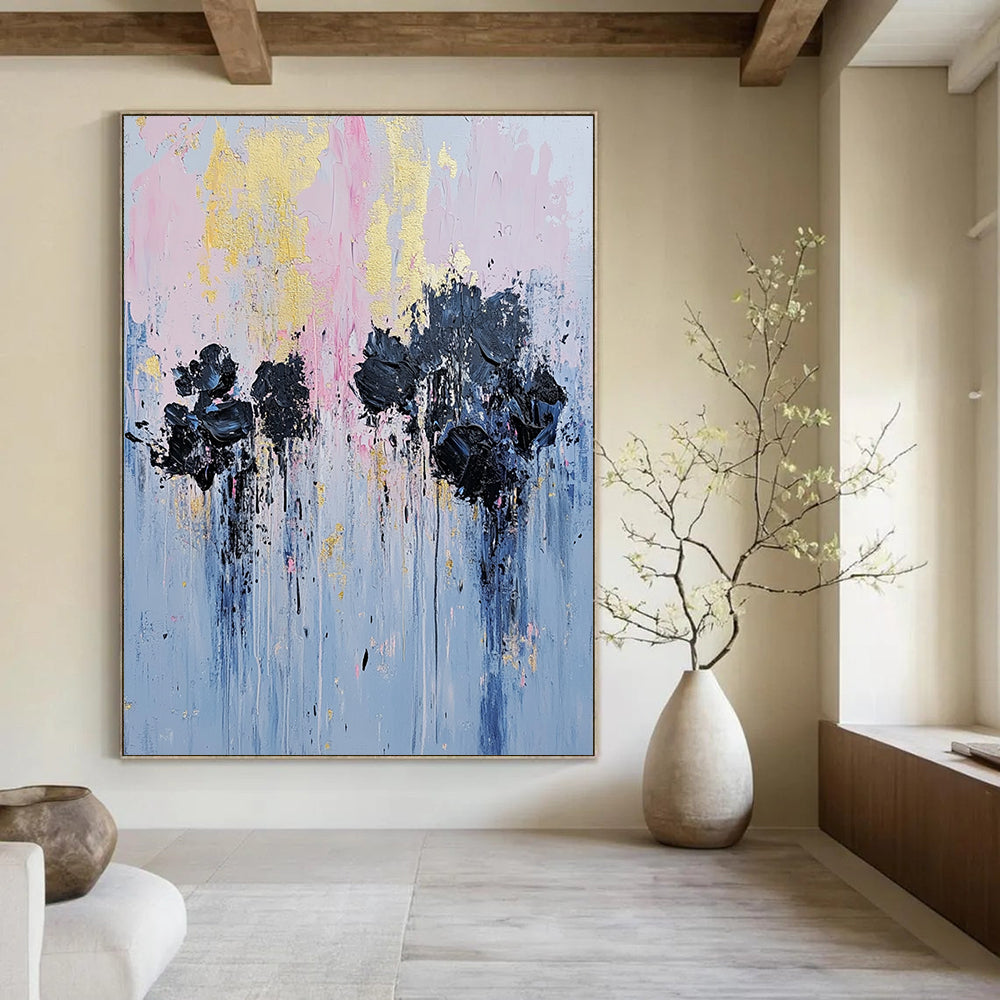 Contemporary hand-painted abstract artwork featuring textured black flowers in an urban setting with pale pink and blue tones and gold leaf accents. DLZ0477