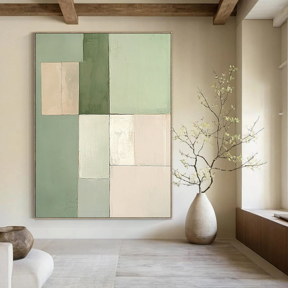 Contemporary hand-painted abstract artwork features a minimalist design with soft pastel green and beige squares in varying sizes. DLZ1334