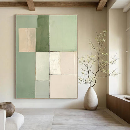 Contemporary hand-painted abstract artwork features a minimalist design with soft pastel green and beige squares in varying sizes. DLZ1334